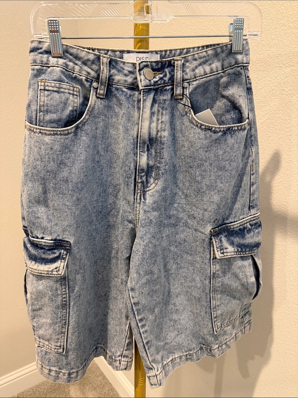 Rise Supply Co Acid Wash Cargo Denim Jorts Shorts Size 5 Y2K Streetwear